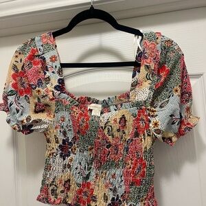 Monteau Multi-Color Floral Smocked Crop Top